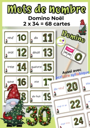 Deckblatt des französischen Domino Weihnachten mit Zahlwörtern und Zahlen von 0 bis 30