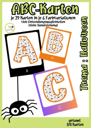 Deckblatt der Halloween ABC-Flashcards mit den Buchstaben A, B und C, Spinne und Hinweis auf 174 Karten