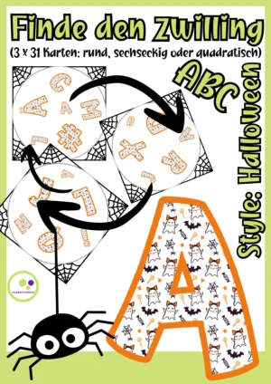 Deckblatt Halloween Alphabet Finde den Zwilling von Lernfitness mit ABC-Spielkarten, Spinnennetzen und einem Halloween-Buchstaben A.
