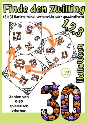 Deckblatt Finde den Zwilling mit Zahlen im Halloween-Design, drei Spielkarten und der Zahl 30