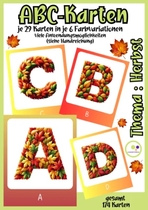 Deckblatt der Lernfitness-ABC-Karten mit den Großbuchstaben A, B, C und D aus bunten Herbstblättern und farbig gerahmten Bildkarten.