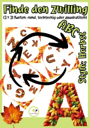 Cover des ABC-Spiels &bdquo;Finde den Zwilling &ndash; Herbst Alphabet&ldquo; mit runden, quadratischen und sechseckigen Buchstabenkarten in Herbstfarben
