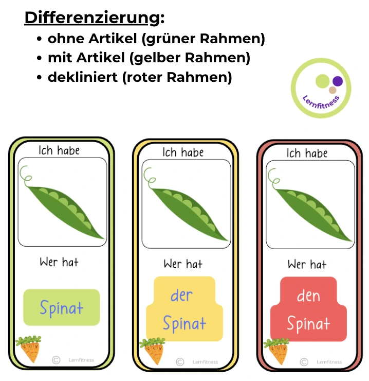 Drei „Ich habe, wer hat?“-Gemüsekarten mit Erbsenschote und den Varianten „Spinat“, „der Spinat“ und „den Spinat“.