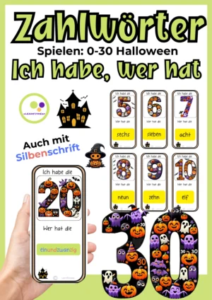 Deckblatt Ich habe, wer hat? mit Halloween-Zahlenkarten, deutschen Zahlwörtern und Hinweis auf Silbenschrift