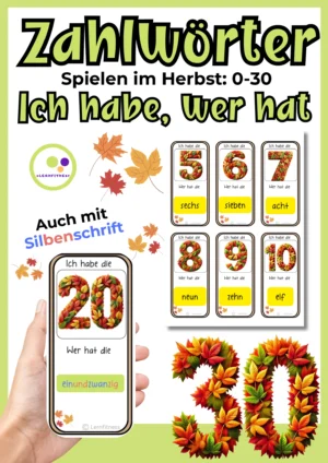 Deckblatt des Lernfitness-Spiels Ich habe, wer hat? mit Herbstblatt-Zahlen, deutschen Zahlwörtern und Beispielkarten mit Silbenschrift.