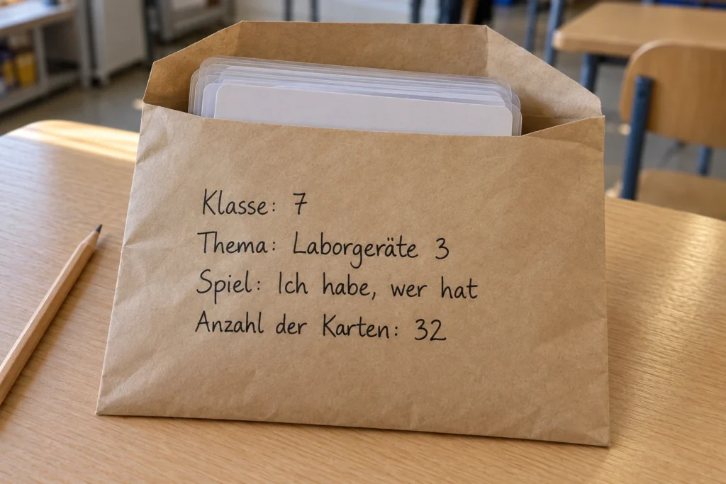Beschrifteter Briefumschlag mit Spielkarten: Klasse 7, Laborgeräte 3, „Ich habe, wer hat“, Anzahl der Karten: 32.