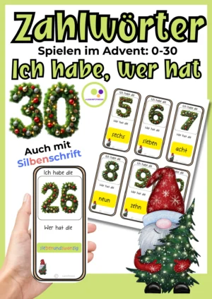 Deckblatt des Weihnachts-Kettenspiels Ich habe, wer hat? mit Zahlen und deutschen Zahlwörtern von 0 bis 30