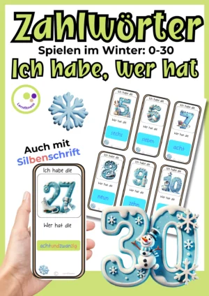 Deckblatt Ich habe, wer hat? mit deutschen Zahlwörtern, Zahlenkarten bis 30 und Schneeflocke im Winter-Design
