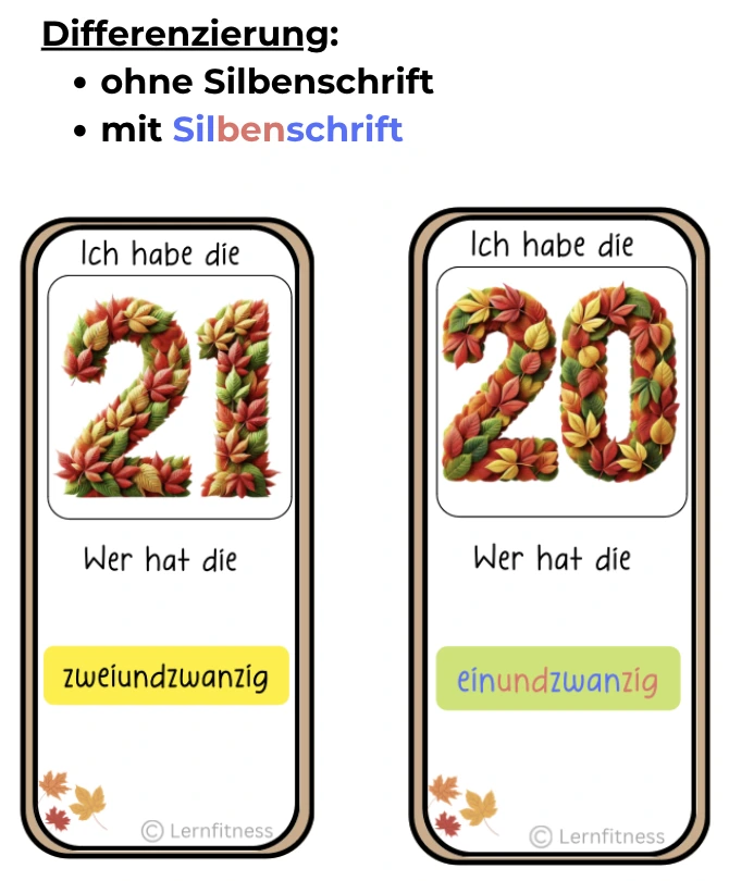 Zwei herbstliche „Ich habe, wer hat?“-Karten mit den Zahlen 21 und 20 sowie Zahlwörtern mit und ohne farbige Silbenschrift.