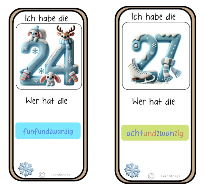 Zwei winterliche „Ich habe, wer hat?“-Karten mit den Zahlen 24 und 27 sowie den Zahlwörtern fünfundzwanzig und achtundzwanzig.