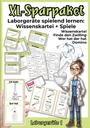 Cover Materialpaket Laborgeräte 1 mit Wissenskarten, Domino, „Ich habe, wer hat?“ und „Finde den Zwilling“ für Chemie.