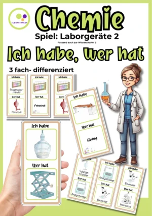 Cover „Ich habe, wer hat? – Laborgeräte 2“ mit Beispielkarten in drei Differenzierungsstufen für den Chemieunterricht.