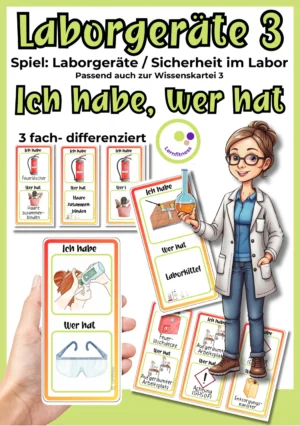 Cover „Ich habe, wer hat? – Laborgeräte 3“ mit differenzierten Spielkarten zu Schutzbrille, Feuerlöscher und Laborsicherheit.