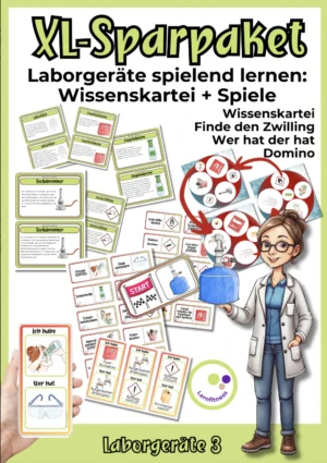 Cover Materialpaket Laborgeräte 3 mit Wissenskarten und drei Lernspielen zu Brennern, Schutzausrüstung und Gefahrensymbolen.