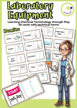 Cover des englischen Laborgeräte-Dominos mit Geräteabbildungen, englischen Begriffen und einer Startkarte mit Reagenzglas.
