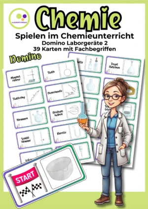 Cover „Laborgeräte Domino 2“ mit deutschen Fachbegriffen, Gerätezeichnungen und einer Startkarte mit Abdampfschale.