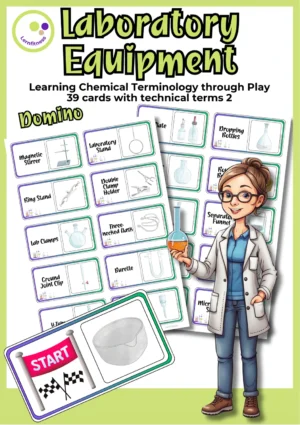 Cover „Laborgeräte Domino 2 auf Englisch“ mit Gerätezeichnungen, englischen Fachbegriffen und einer Startkarte mit Abdampfschale.