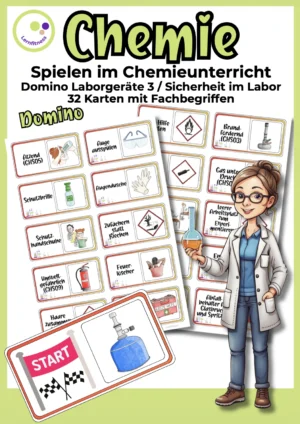 Cover „Laborgeräte Domino 3“ mit Karten zu Schutzausrüstung, Gefahrensymbolen und Sicherheitsregeln sowie einer Startkarte mit Brenner.