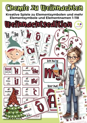 Cover des Materialpakets Chemie zu Weihnachten mit Karten, Domino und Elementsymbolen