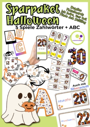 Originales Eduki-Paketcover Sparpaket Halloween mit fünf Spielen zu Zahlwörtern und ABC: Domino, Flashcards, Finde den Zwilling und Ich habe, wer hat?