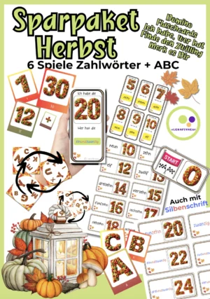 Produktcover Sparpaket Herbst von Lernfitness mit sechs Spielen zu Zahlwörtern und ABC: Domino, Flashcards, Ich habe wer hat, Finde den Zwilling und Merk es Dir.