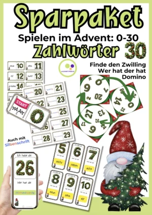 Originalcover des Weihnachts-Materialpakets mit Domino, Ich habe wer hat und Finde den Zwilling für Zahlen und Zahlwörter bis 30