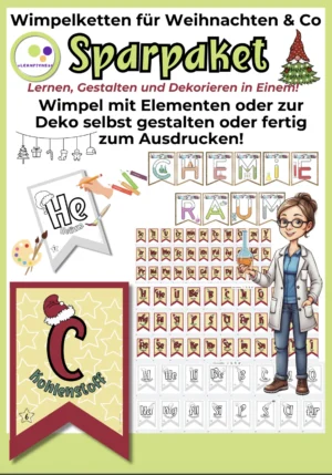 Cover des Chemieraum-Materialpakets mit Boho-Wimpelkette sowie farbigen und schwarz-weißen Weihnachtswimpeln zu chemischen Elementen