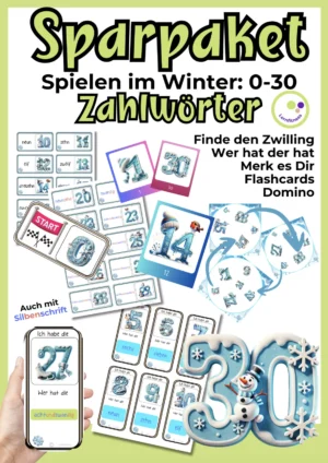 Paketcover Winter Deutsch mit Zahlwörtern, Domino, Flashcards, Finde den Zwilling und Ich habe, wer hat sowie Schneemannzahl 30