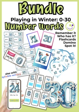 Paketcover Winter Englisch mit Zahlwörtern, Domino, Flashcards, Finde den Zwilling und Ich habe, wer hat sowie Schneemannzahl 30