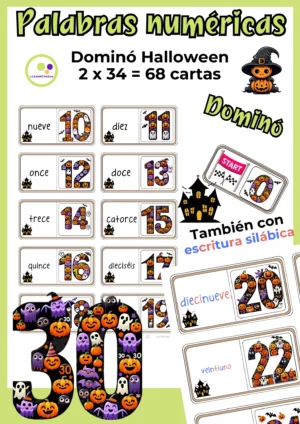 Deckblatt Spanisch: Domino Halloween mit spanischen Zahlwörtern und Zahlen bis 30