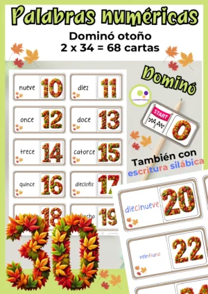 Deckblatt des Lernfitness-Materials Spanisch Domino Herbst mit Zahlen aus Herbstblättern und spanischen Zahlwörtern in schwarzer und farbiger Silbenschrift.