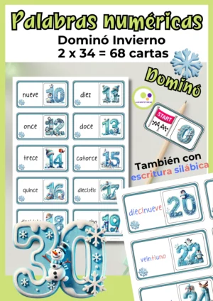 Deckblatt „Spanisches Zahlwörter-Domino Winter“ mit Zahlen bis 30, Dominokarten und Beispielen mit Silbenschrift