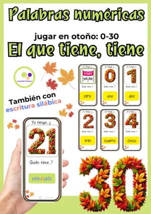 Deckblatt des spanischen Lernfitness-Zahlwörterspiels mit Yo-tengo-quién-tiene-Karten, Herbstblatt-Zahlen und farbiger Silbenschrift.
