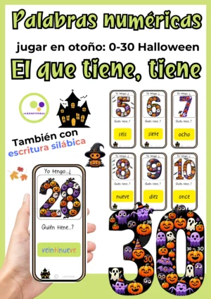 Deckblatt Ich habe, wer hat? mit Halloween-Zahlenkarten, spanischen Zahlwörtern und Hinweis auf Silbenschrift