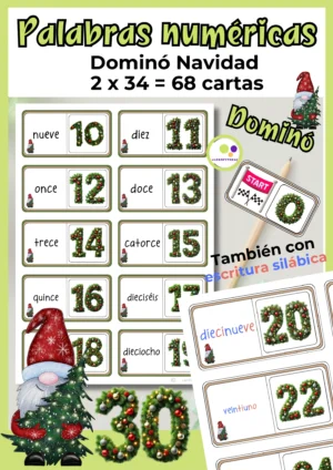 Deckblatt des spanischen Domino Weihnachten mit Zahlwörtern und Zahlen von 0 bis 30