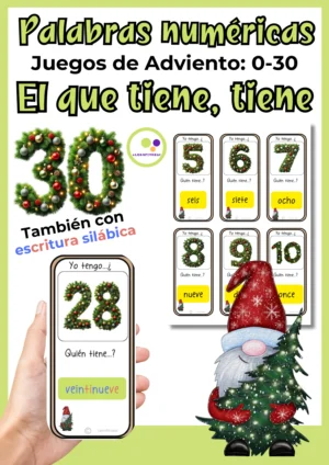 Deckblatt des spanischen Kettenspiels Ich habe, wer hat? Weihnachten mit Zahlen und Zahlwörtern bis 30