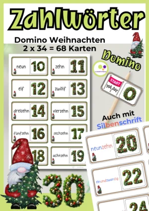 Deckblatt des Domino Weihnachten mit deutschen Zahlwörtern und Zahlenkarten von 0 bis 30