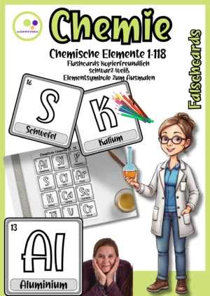 Cover der Chemie-Flashcards in Schwarz-Weiß mit ausmalbaren Elementsymbolen und Kartenvorschau