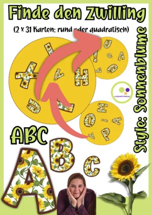 Deckblatt des ABC-Spiels Finde den Zwilling mit Sonnenblumendesign und runden sowie quadratischen Karten