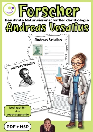 Titelblatt zum Unterrichtsmaterial über Andreas Vesalius mit Steckbrief und Quiz für Biologie in der Sekundarstufe I