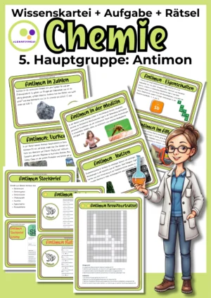 Deckblatt der Antimon-Wissenskartei mit Karten, Steckbrief und Rätseln zur 5. Hauptgruppe im Chemieunterricht