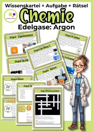 Deckblatt der Argon-Wissenskartei mit Steckbrief und Rätseln zur 8. Hauptgruppe im Chemieunterricht
