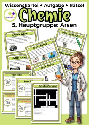 Deckblatt der Arsen-Wissenskartei mit Karten, Steckbrief und Rätseln zur 5. Hauptgruppe im Chemieunterricht