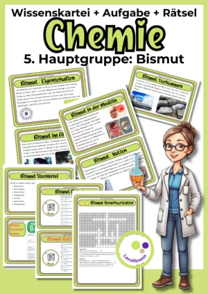 Deckblatt der Bismut-Wissenskartei mit Karten, Steckbrief und Rätseln zur 5. Hauptgruppe im Chemieunterricht