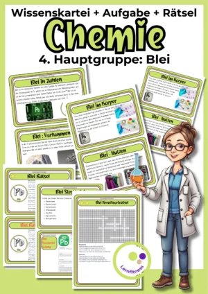 Deckblatt der Blei-Wissenskartei mit Karten, Steckbrief und Rätseln zur 4. Hauptgruppe im Chemieunterricht