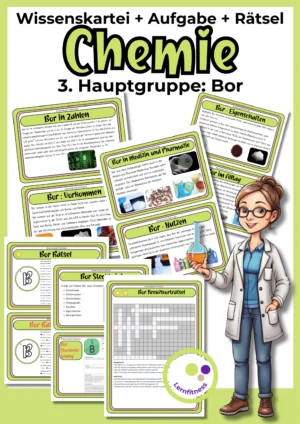 Deckblatt der Bor-Wissenskartei mit Karten, Steckbrief und Rätseln zur 3. Hauptgruppe im Chemieunterricht