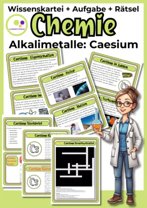 Deckblatt der Caesium-Wissenskartei mit Steckbrief und Rätseln zur 1. Hauptgruppe im Chemieunterricht