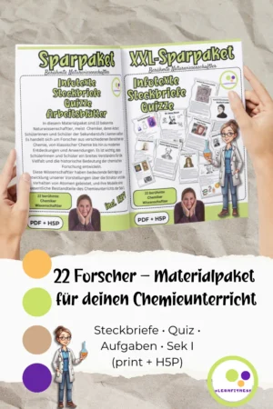 Materialpaket für den Chemieunterricht mit 22 Wissenschaftler-Porträts, PDFs und ergänzenden H5P-Dateien