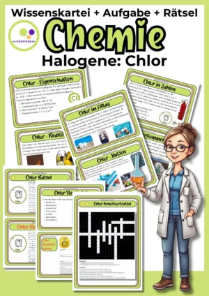 Titelblatt der Chlor-Wissenskartei mit 6 Wissenskarten, Steckbrief und Rätseln