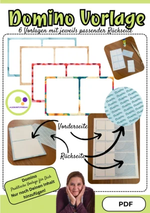 Deckblatt der sechs Domino-Vorlagen mit unterschiedlichen Designs und passenden Rückseiten